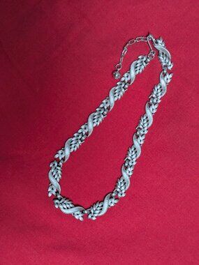 Vintage Signed TRIFARI Silver Tone Leaf Necklace Brushed Texture Mid-Century